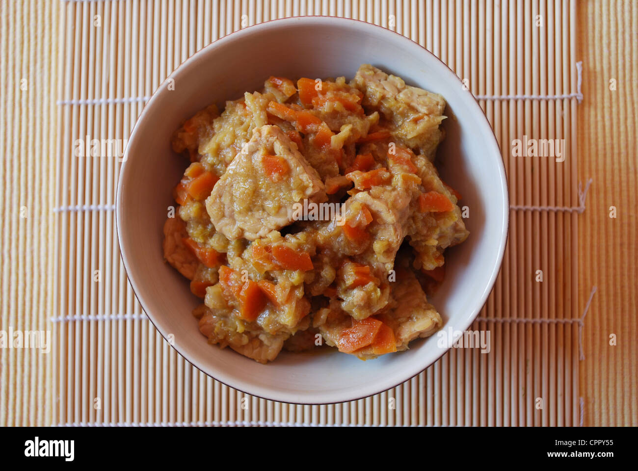 Tempeh mit Karotten, Lauch und Sojasauce in einer Schüssel Eintopf Stockfoto