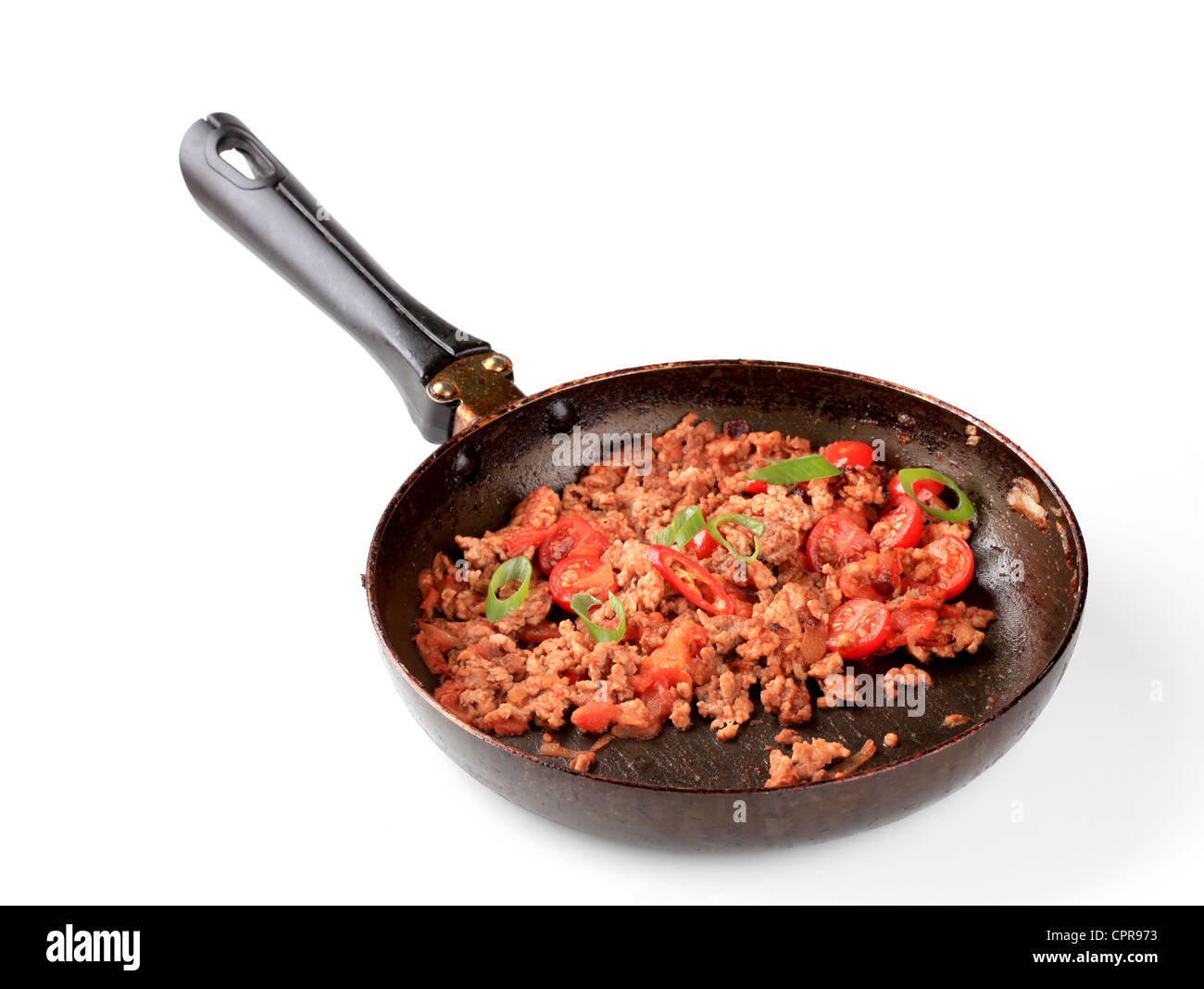 Würzige Fleisch unter Rühren braten in einer Pfanne erhitzen Stockfoto