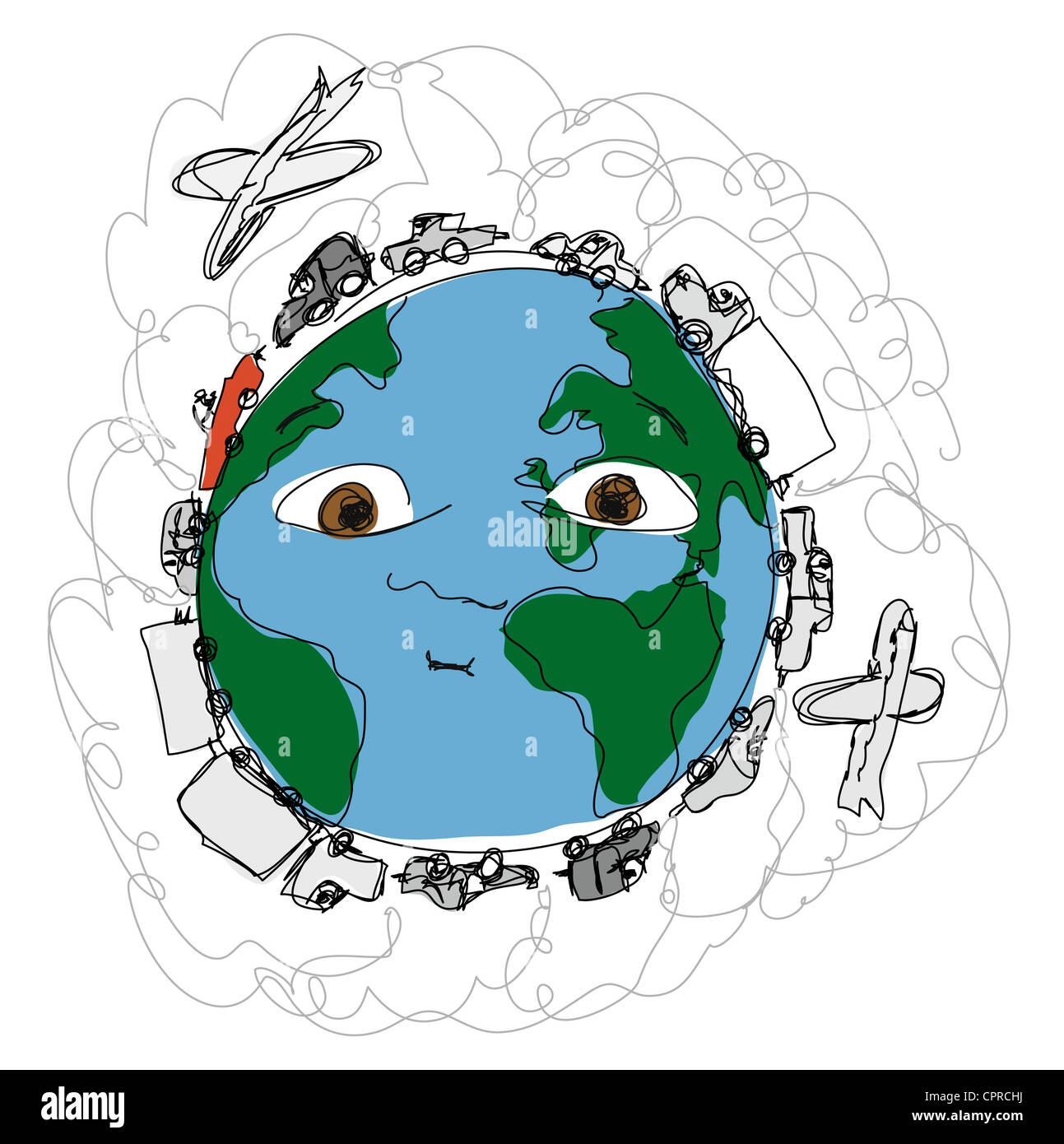Verschmutzung der Erde. Erde mit Atem, mit Verkehr überlastet. Stockfoto