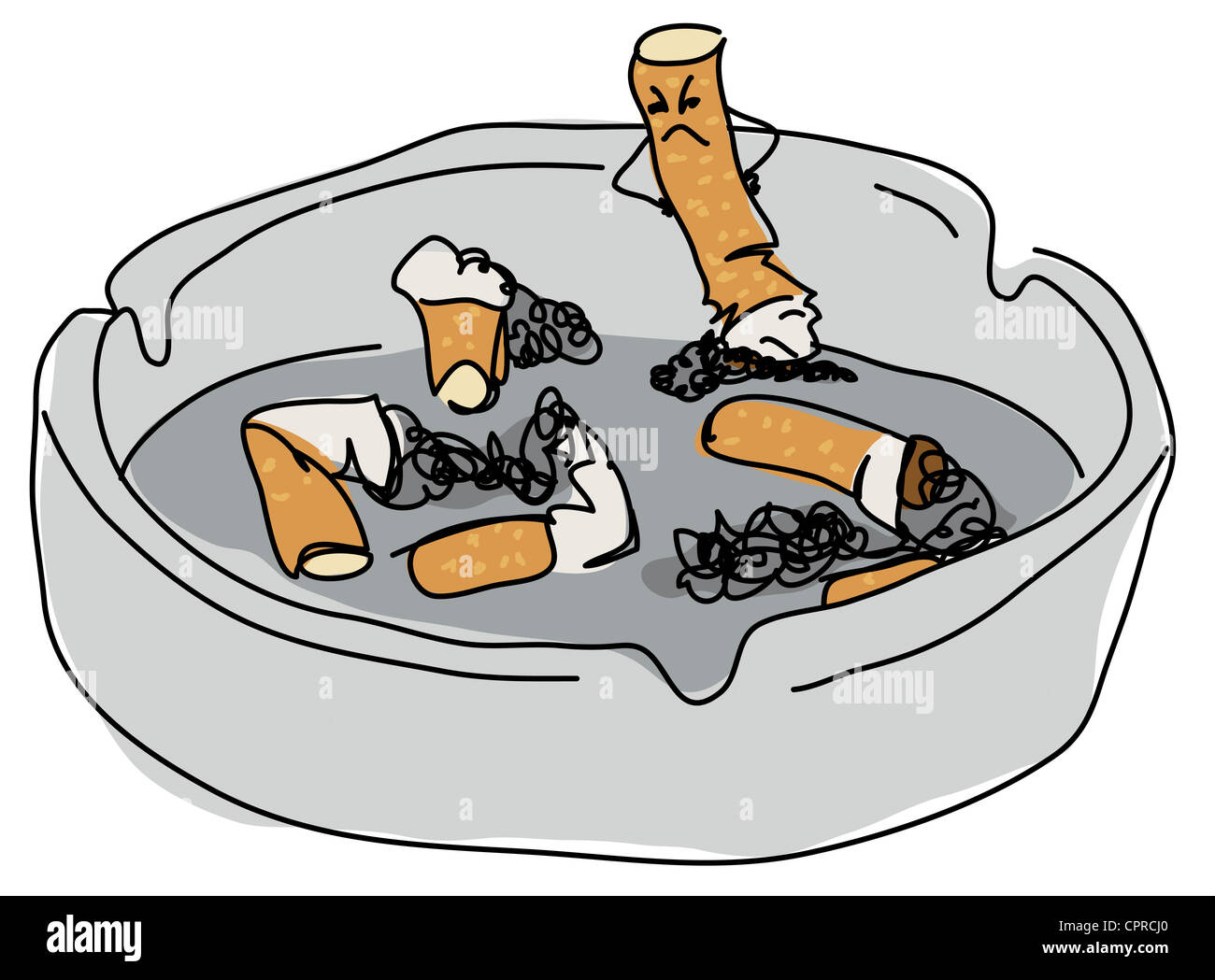 Launisch Zigarettenkippe in einem vollen Aschenbecher. Stockfoto