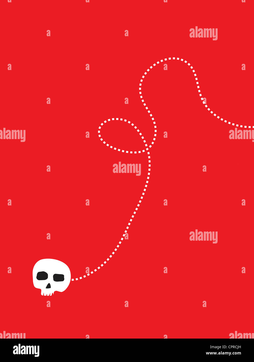Schädel und gepunktete Linie auf rot. Stockfoto