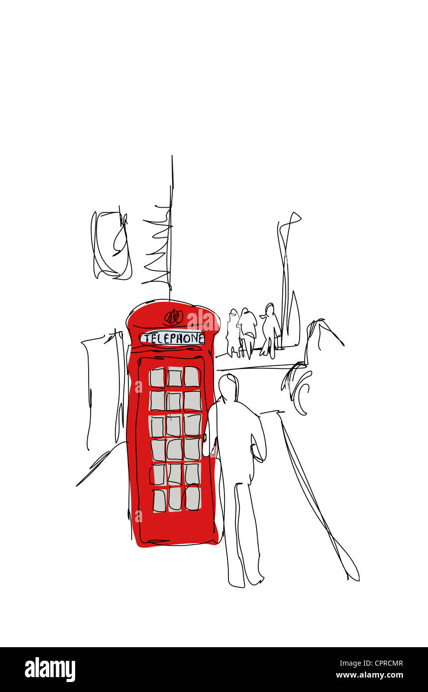 Eine Person vor einer roten Telefonzelle. Stockfoto