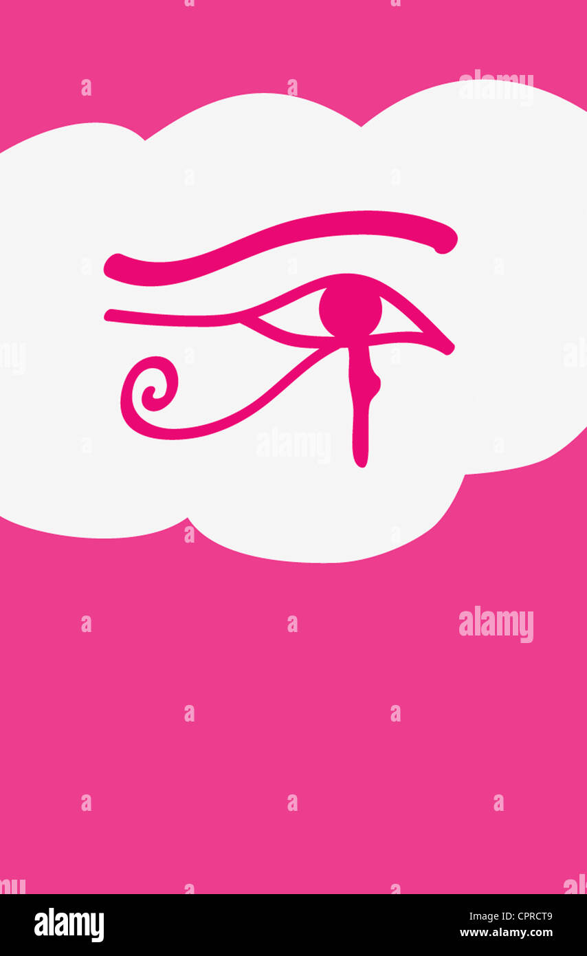 Auge des Horus in einer Wolke auf einem rosa Himmel. Stockfoto