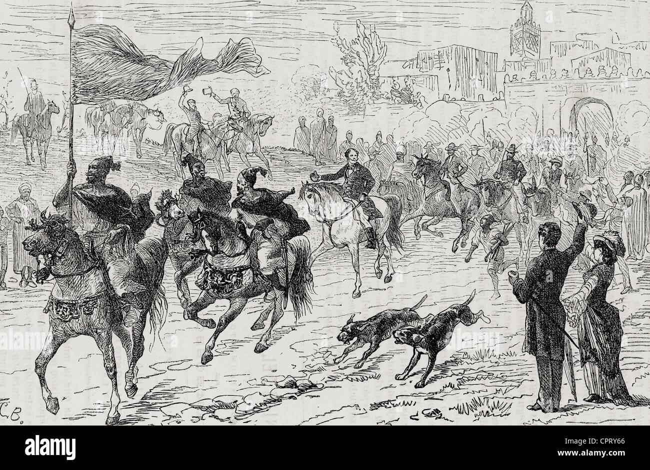 Geschichte Marokkos. Abfahrt von der Karawane nach Fez. Kupferstich von Barberis in der Welt dargestellt, 1885. Stockfoto