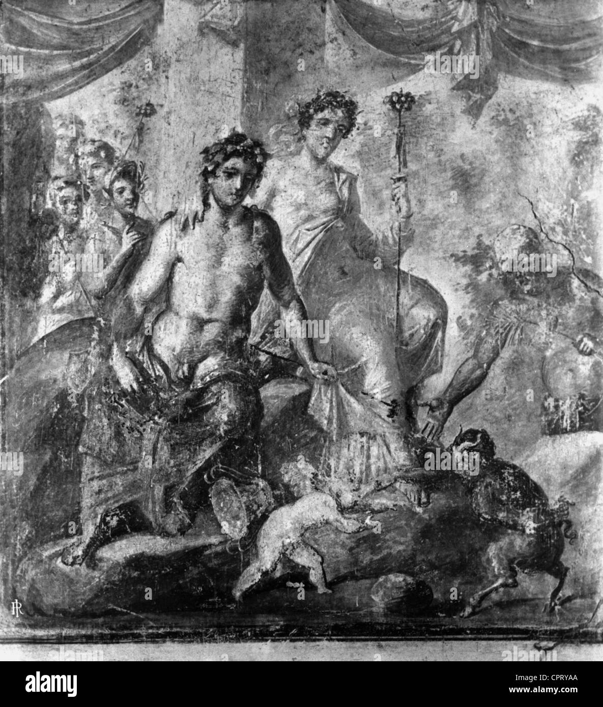 Pan, griechische Gottheit, volle Länge, im Streit mit Cupid, wahrscheinlich sitzt Apollo im Hintergrund (Phönix), Fresko in Pompeji, Domus Vettiorum, Stockfoto