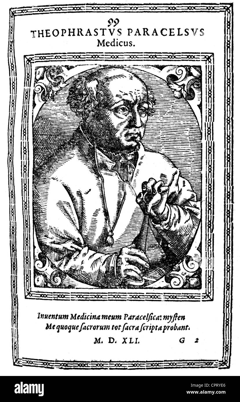 Paracelsus, Philippus (Theophrastus Bombastus von Hohenheim), November 1493 - 24.9.1541, Schweizer Arzt, Gelehrter, halbe Länge, nach Augustin Hirschvogel, Gravur, ca. 1540, Stockfoto