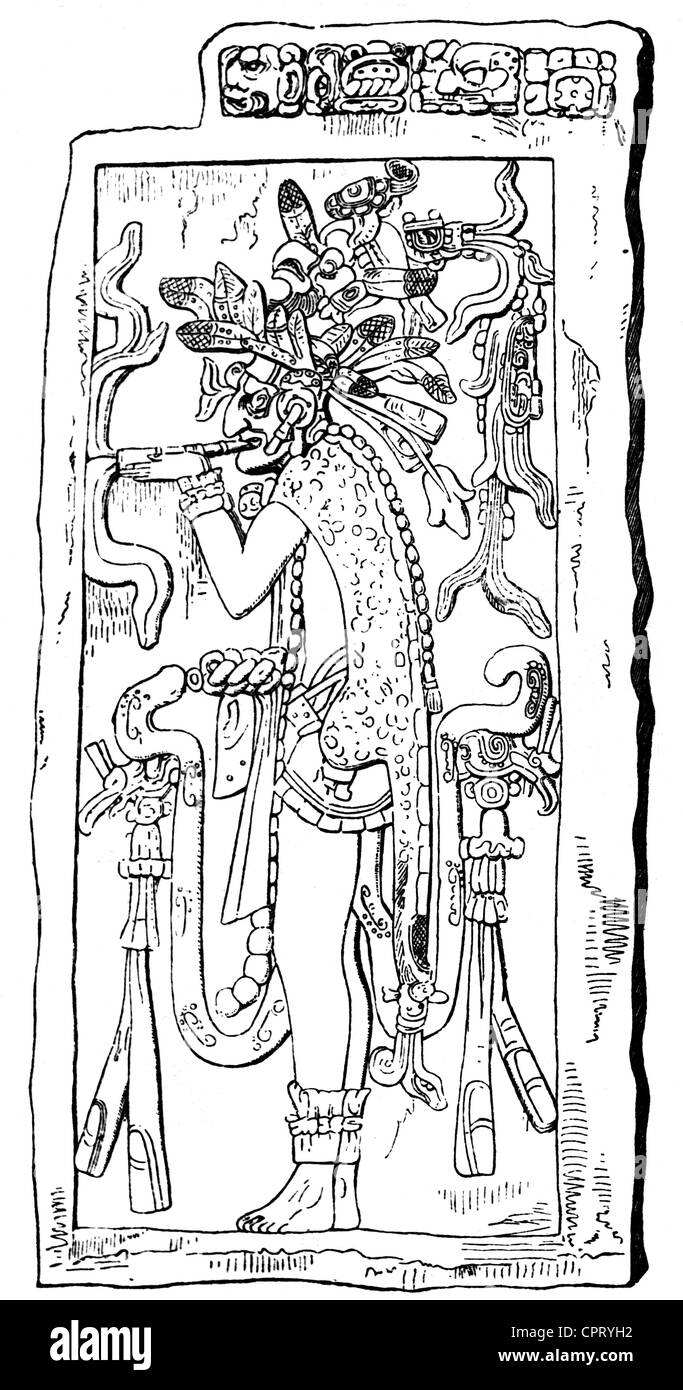 Quetzalcoatl, mesoamerikanische Gottheit, für Aztecs Gott des Windes, des Himmels und der Erde, für Toltecs Gott des Morgensterns, basierend auf mexikanischem Relief, Holzgravur, 19. Jahrhundert, Stockfoto