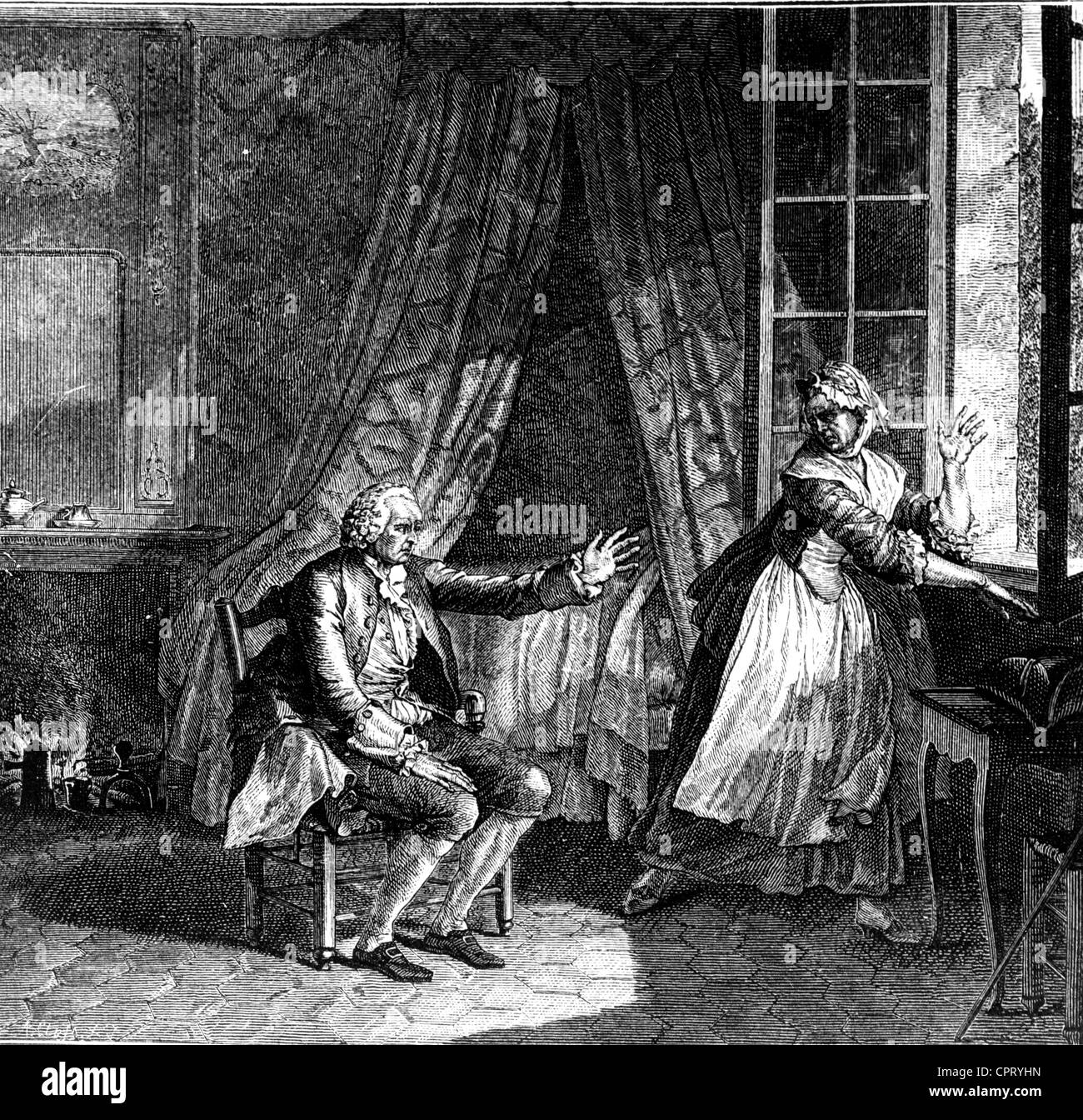 Rousseau, Jean Jacques, 28.6.1712 - 2.7.1778, französischer Philosoph, volle Länge, seine letzten Worte vor seinem Tod, nach Zeichnung von Moreau le Jeune Franco, Kupferstich von Gutenberg, ca. Ende des 18. Jahrhunderts, Artist's Urheberrecht nicht gelöscht werden Stockfoto