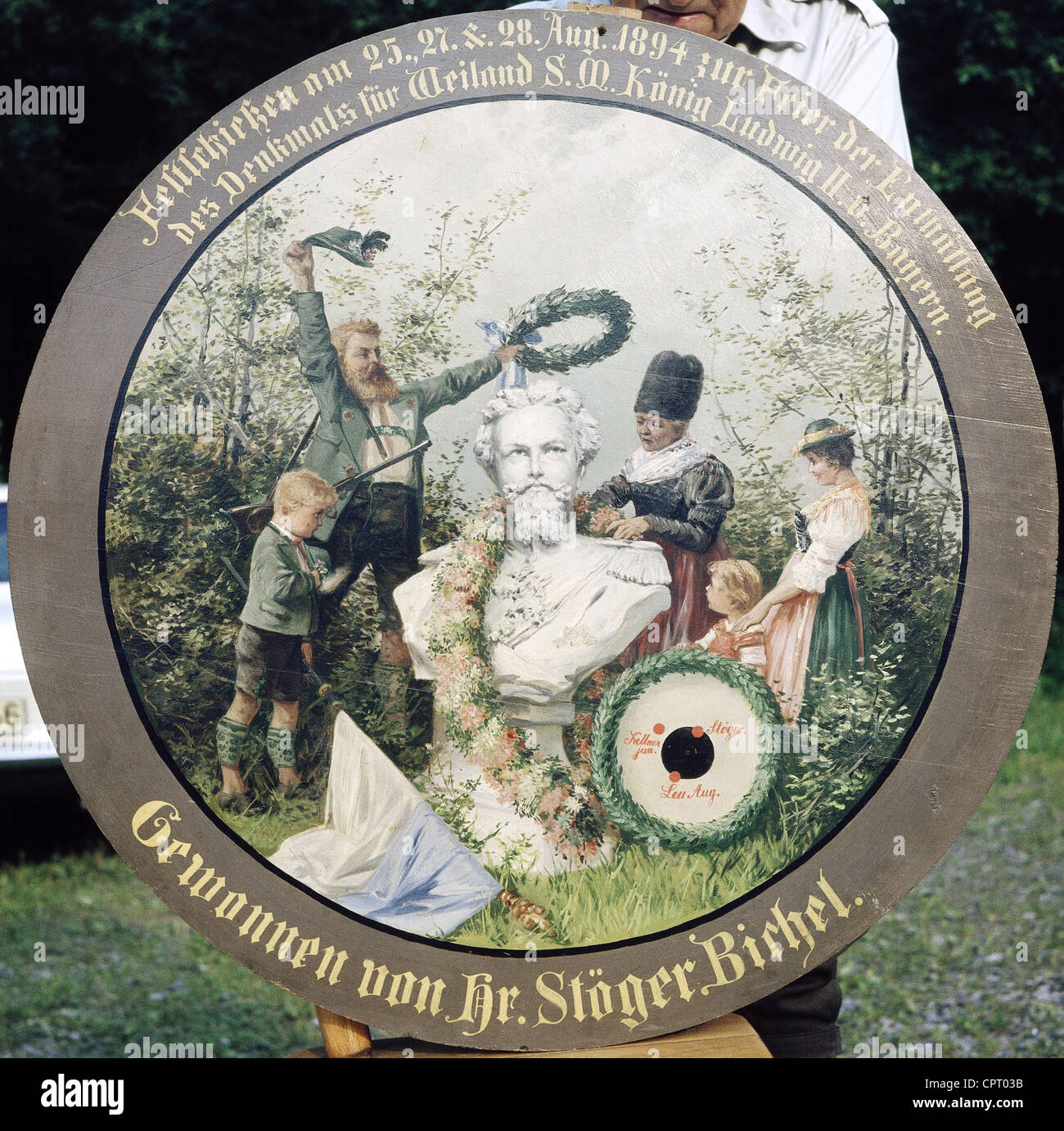 Louis II., 25.8.1845 - 13.6.1886, König von Bayern 10.3.1864 - 13.6.1886, Büste auf einer Schießscheibe, 1894, Stockfoto