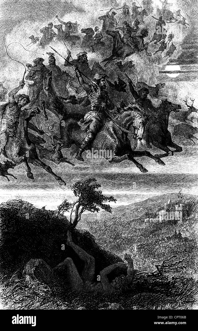 Odin (Woden), germanische Sturmgottheit, Feldherr von Asgard, "Wodans wilde Jagd" (Wilde Jagd auf Wodan), basierend auf Zeichnung von Friedrich Wilhelm Heine, Holzgravur, ca. um das Jahr 1873, Stockfoto