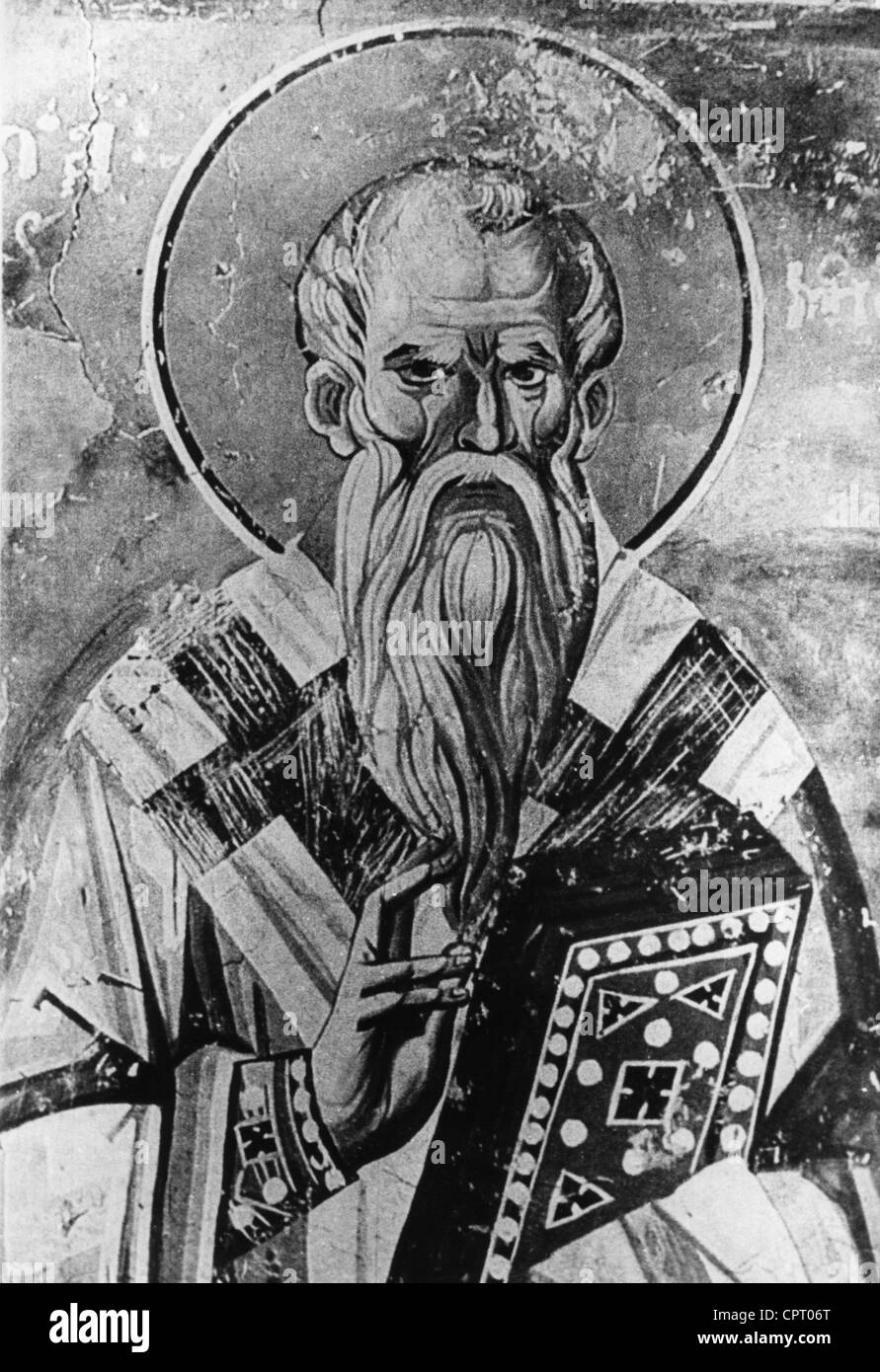 Clement von Ohrid, Heiliger, ca. 840 n. Chr. - 916 n. Chr., Bischof von Belica, halbe Länge, Wandgemälde in der Kirche der heiligen Mutter (heute St. Clement) Ohrid, 13. Jahrhundert, Stockfoto