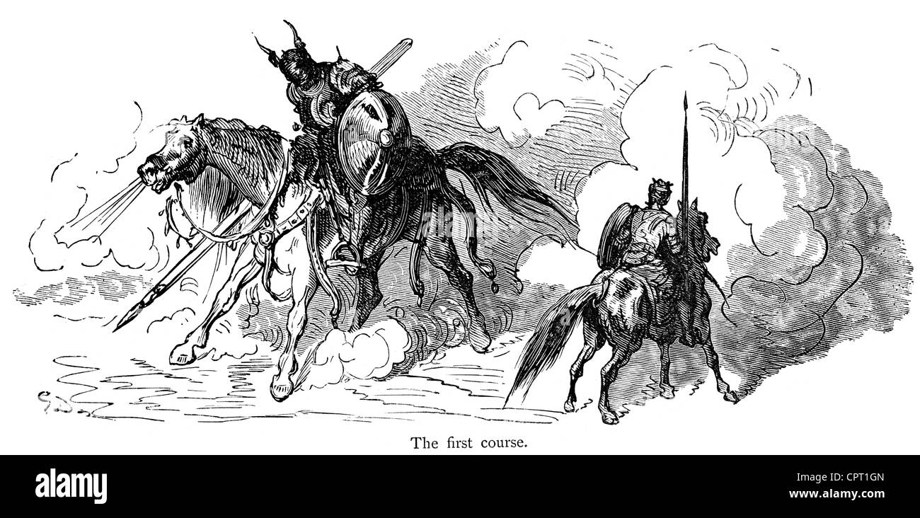 Der erste Kurs, Fechten gegen den riesigen Angoulaffre. Abbildung aus der Legende des Croquemitaine von Gustave Doré Stockfoto
