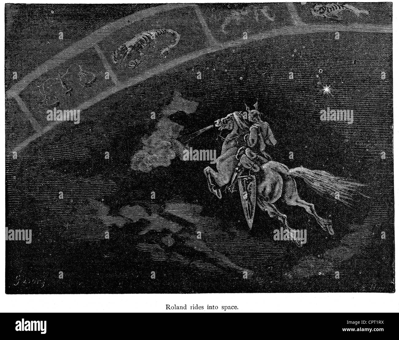 Roland fährt in den Weltraum. Abbildung aus der Legende des Croquemitaine von Gustave Doré Stockfoto