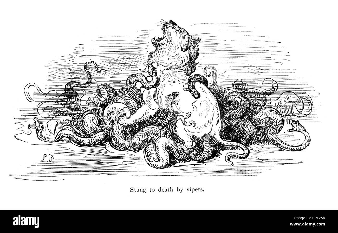 Zum Tode von Vipern gestochen. Abbildung aus der Legende des Croquemitaine von Gustave Doré Stockfoto