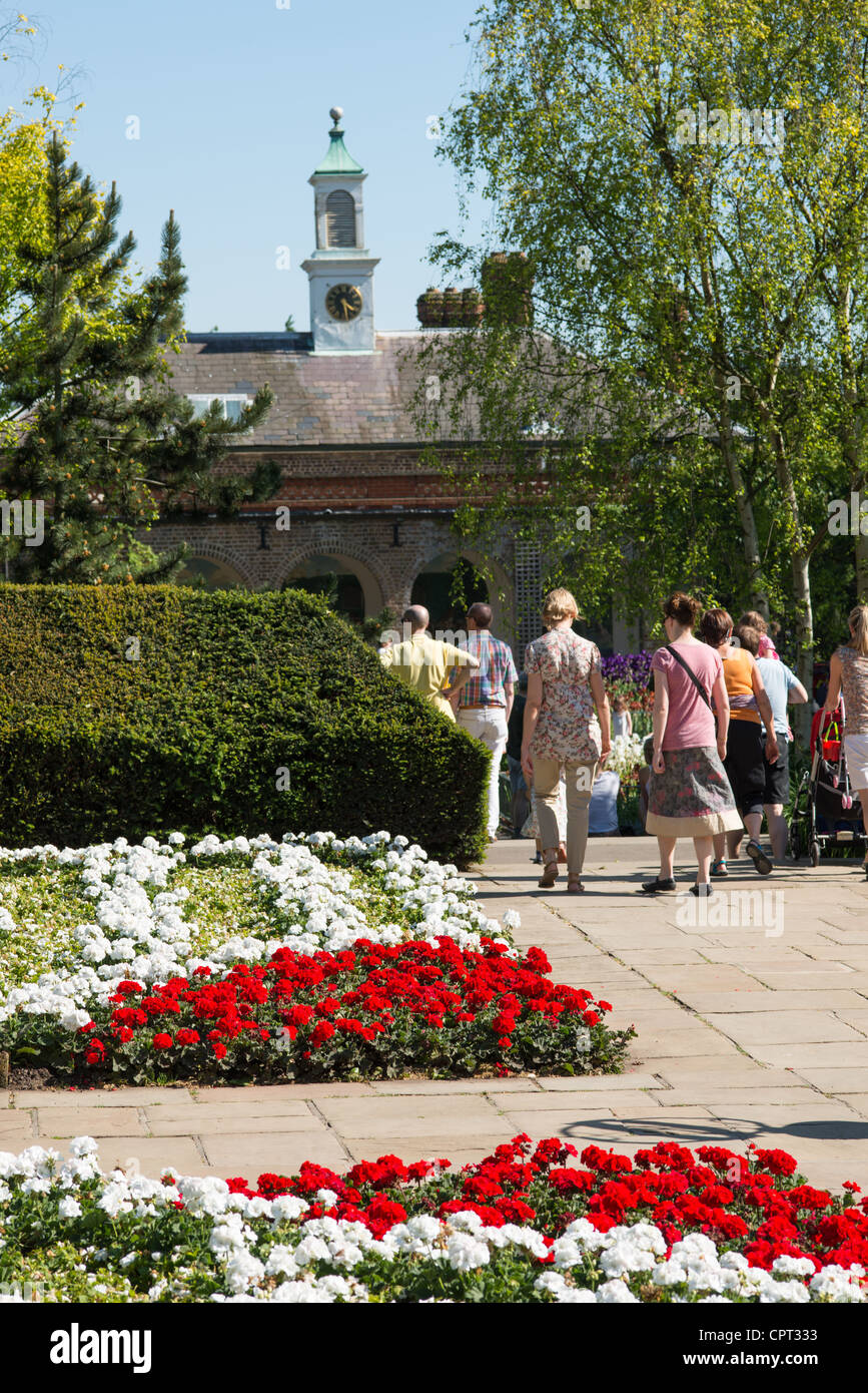 Blumenbeete in formalen Gärten der Holland Park, London. England. Stockfoto