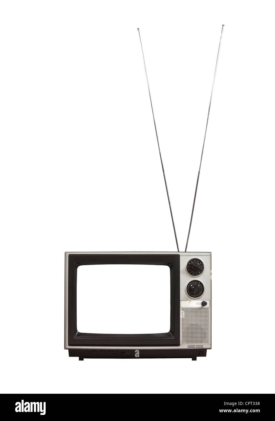 Leerer Bildschirm tragbaren Vintage Fernsehen mit langen Antennen auf. Isoliert auf weiss. Stockfoto