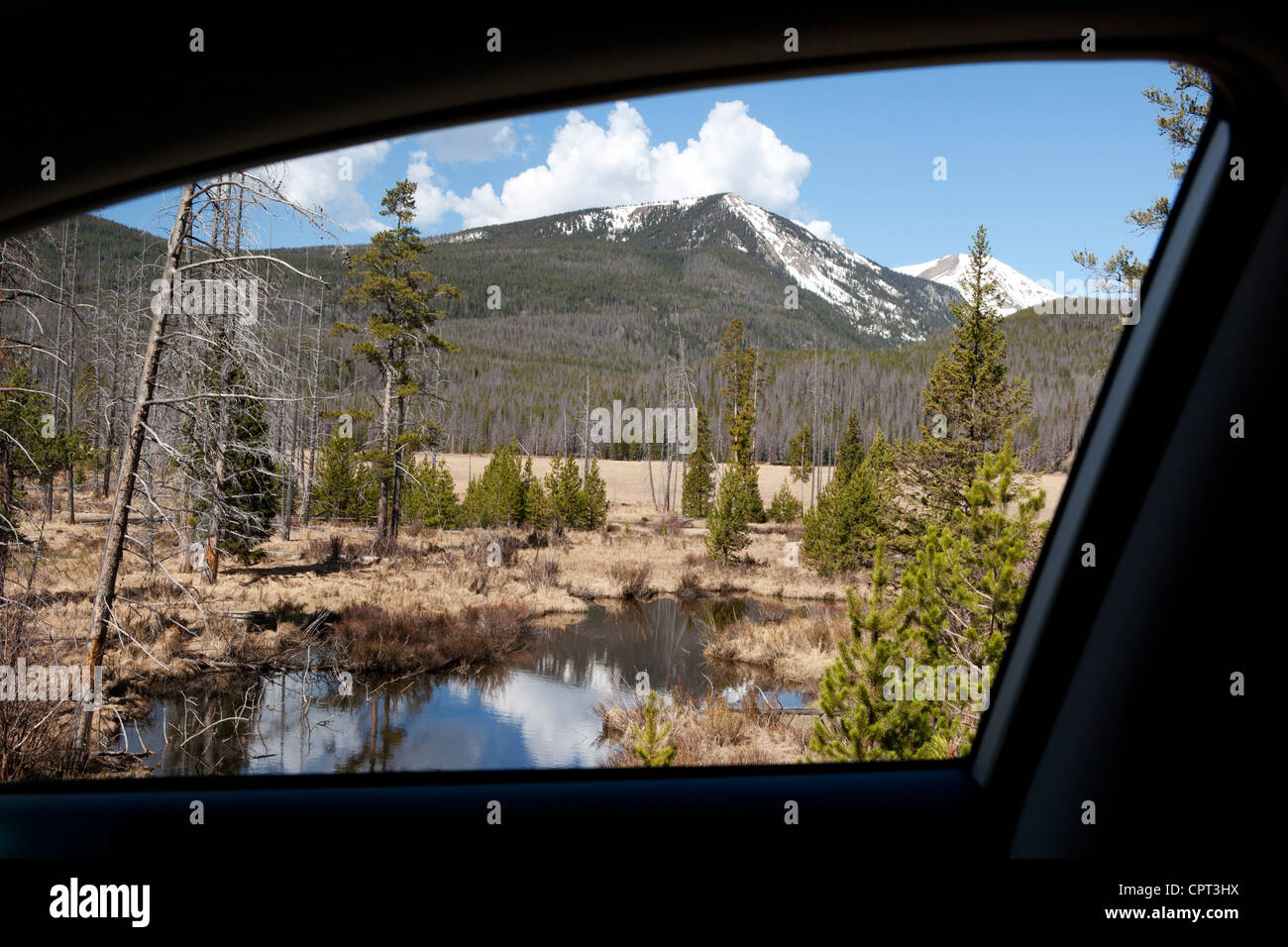 Ansicht des Rocky Mountain National Parklandschaft aus Autofenster - Grand Lake, Colorado USA Stockfoto