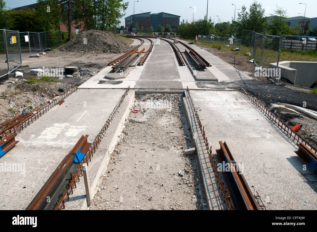 Straßenbahnschienen für die East Manchester Metrolink-Linie im Bau Audenshaw, Tameside, Manchester, England, UK Stockfoto