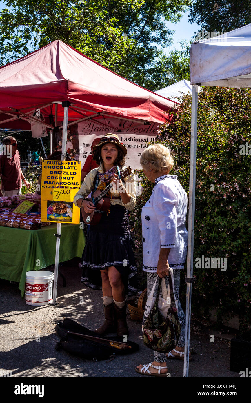 Szenen aus dem Sunday Ojai California USA Farmers Market, auf dem alle Produkte und Waren biologisch angebaut werden Stockfoto
