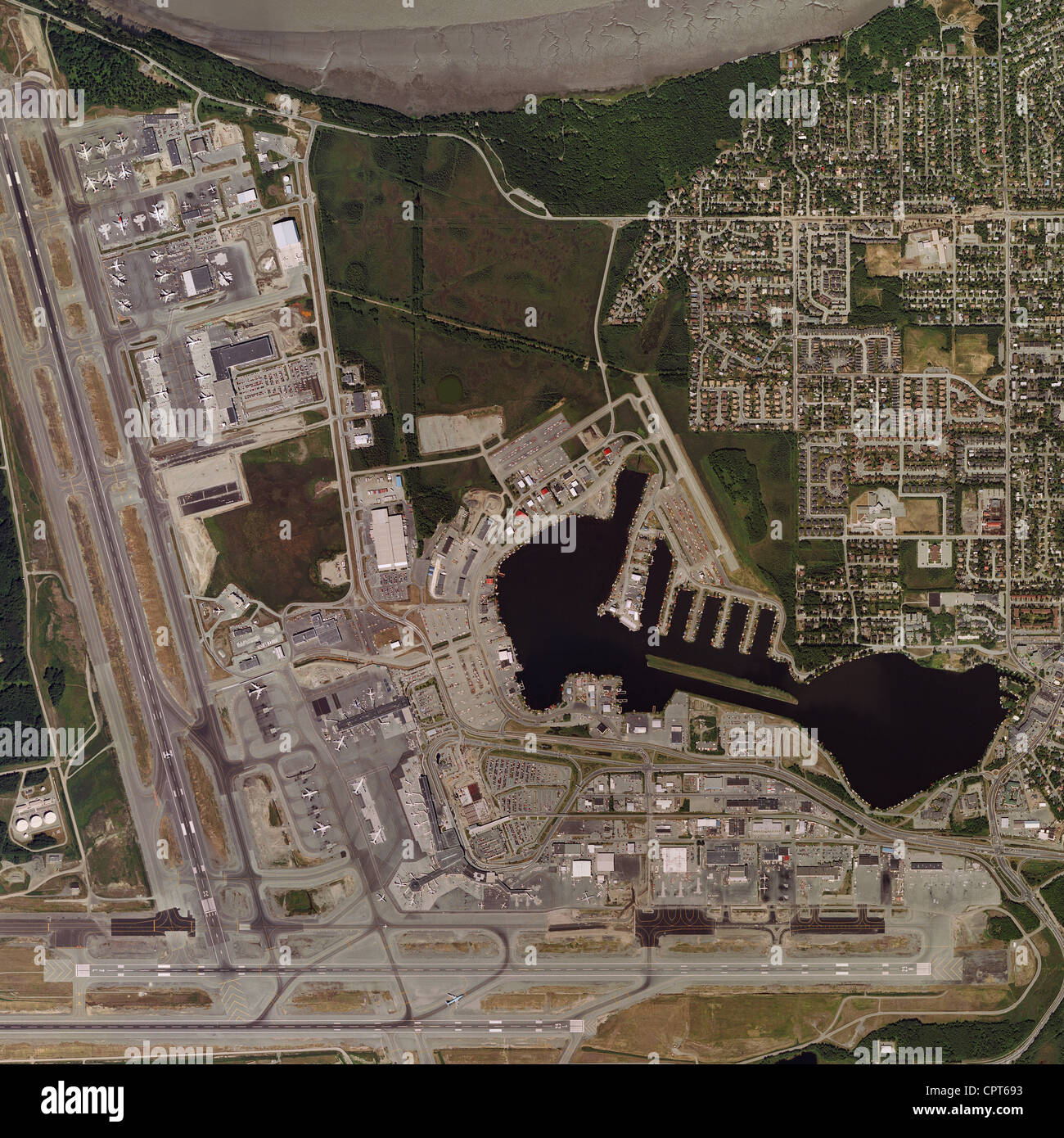 Luftbild-Karte von Lake Hood Seaplane Base, Ted Steven Anchorage International Airport ANC Stockfoto