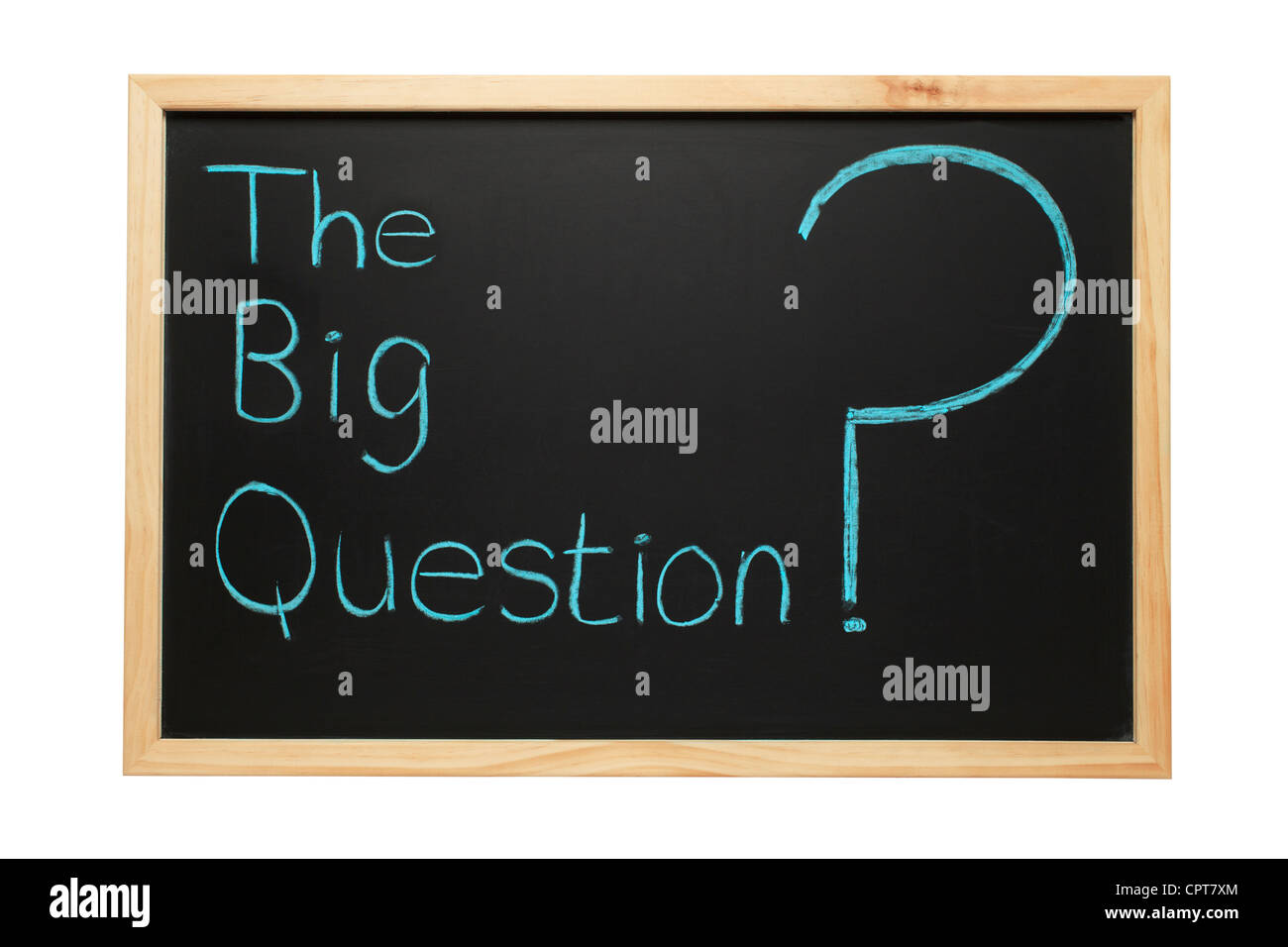 Tafel mit den Worten The Big Question und ein großes Fragezeichen. Stockfoto
