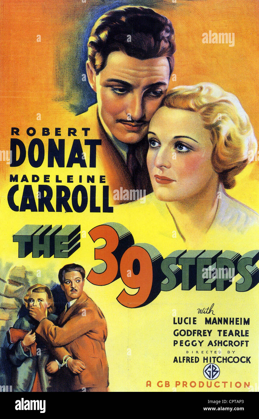 DIE 39 Stufen-Plakat für 1935 Alfred Hitchcock film mit Robert Donat und Madeleine Carroll Stockfoto