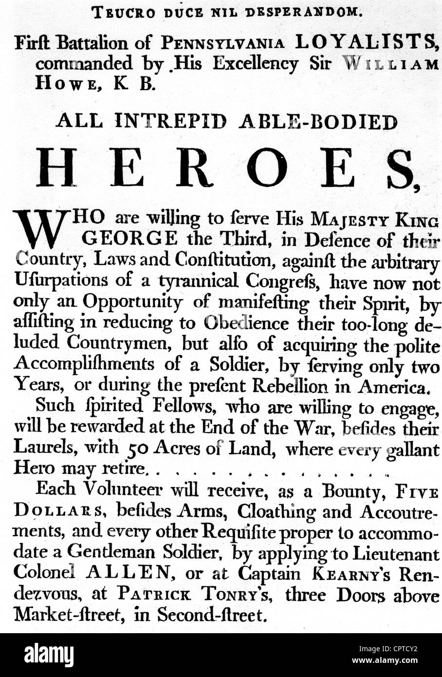 WILLIAM HOWE (1729-1814) britische Armee Kommandant Ankündigung Erhöhung der lokalen Truppen während des amerikanischen Unabhängigkeitskrieges Stockfoto