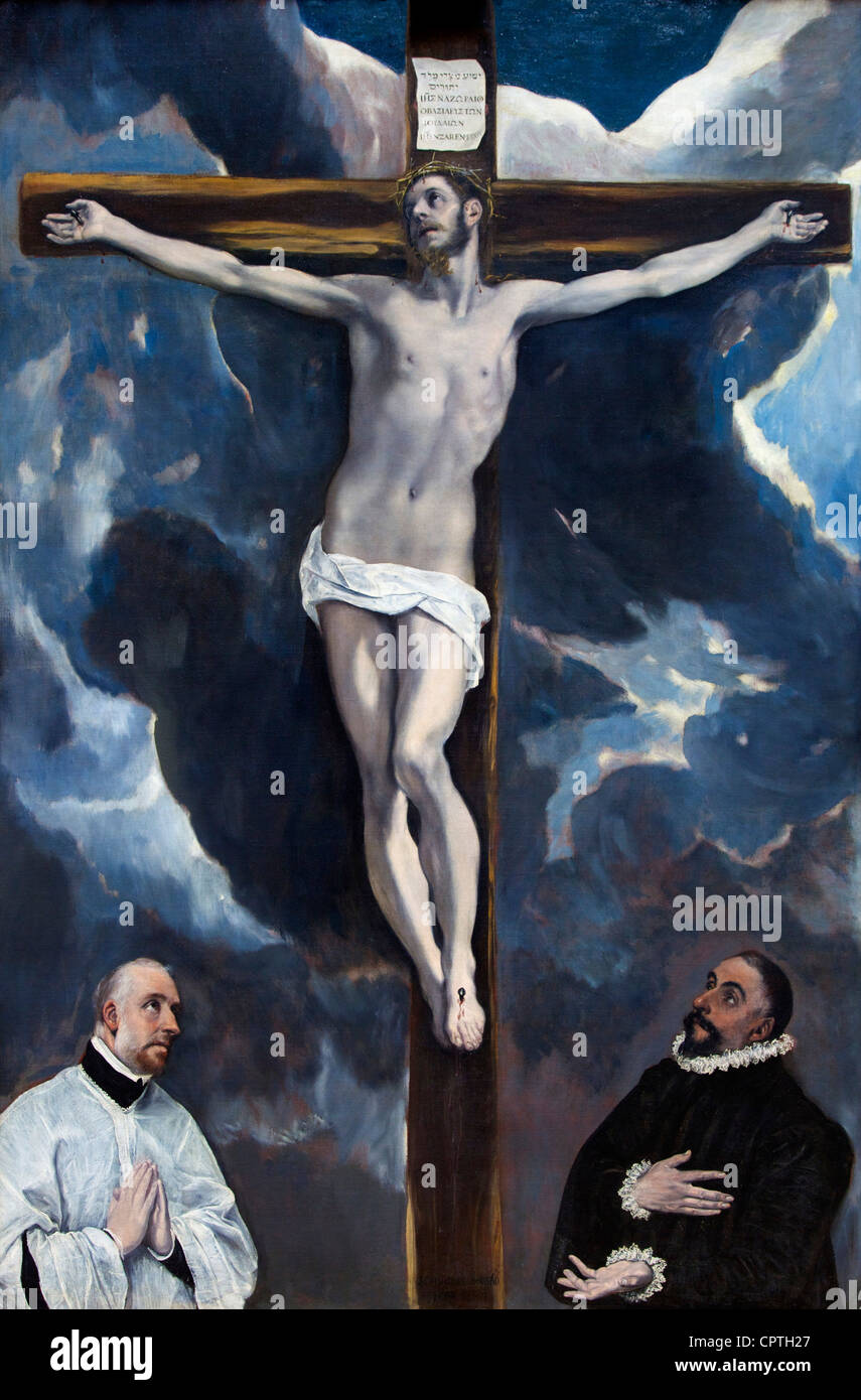 Christus am Kreuz verehrt von zwei Spender, von El Greco, c. 1590, Musee du Louvre-Museum, Paris, Frankreich, Europa Stockfoto