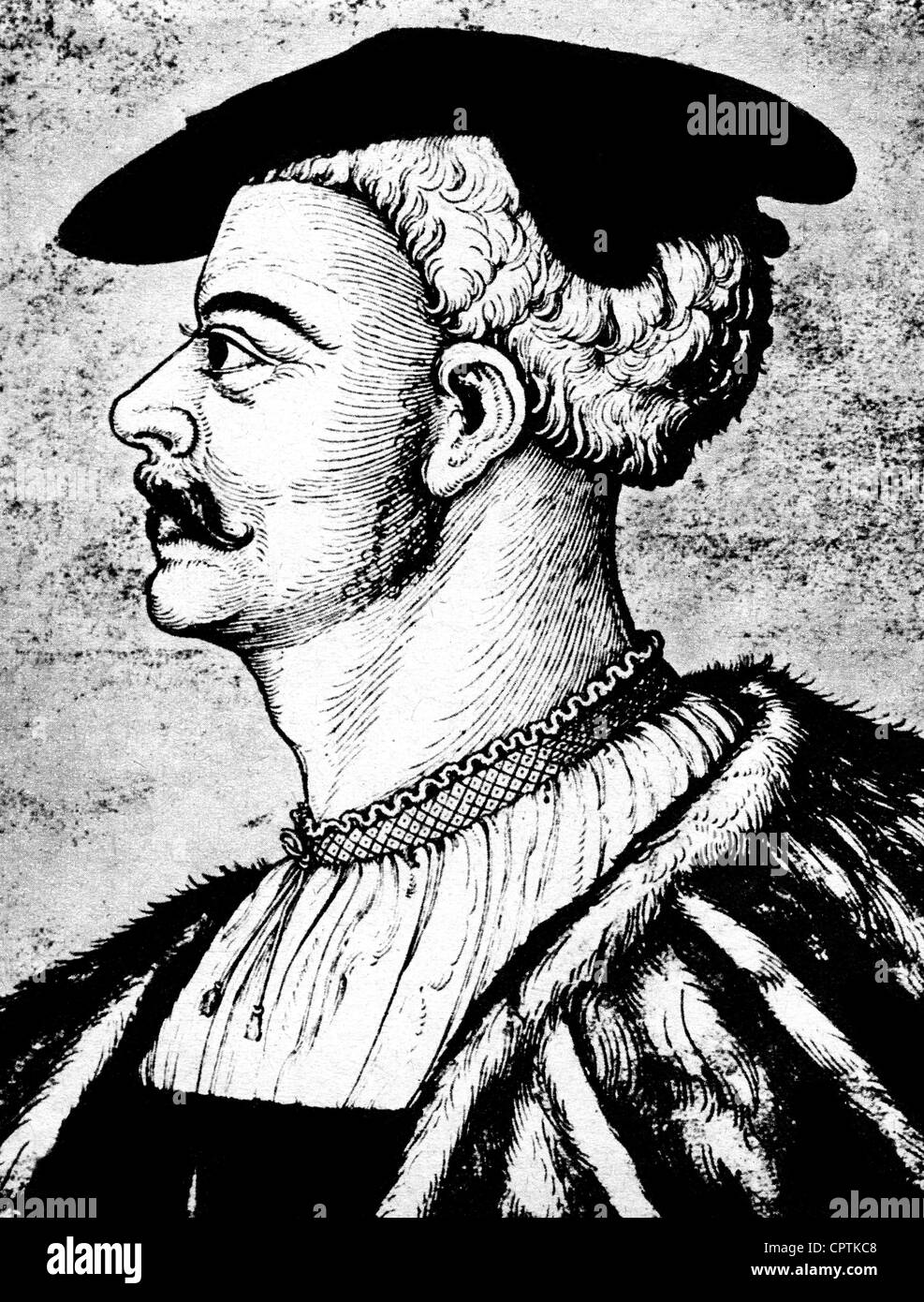 Philipp I. "der Großmütige", 13.11.1504 - 31.3.1567, Landgraf von Hessen 11.7.1509 - 31.3.1567, Porträt, Holzschnitt von Drechsel und Schwarz, 1525, Stockfoto