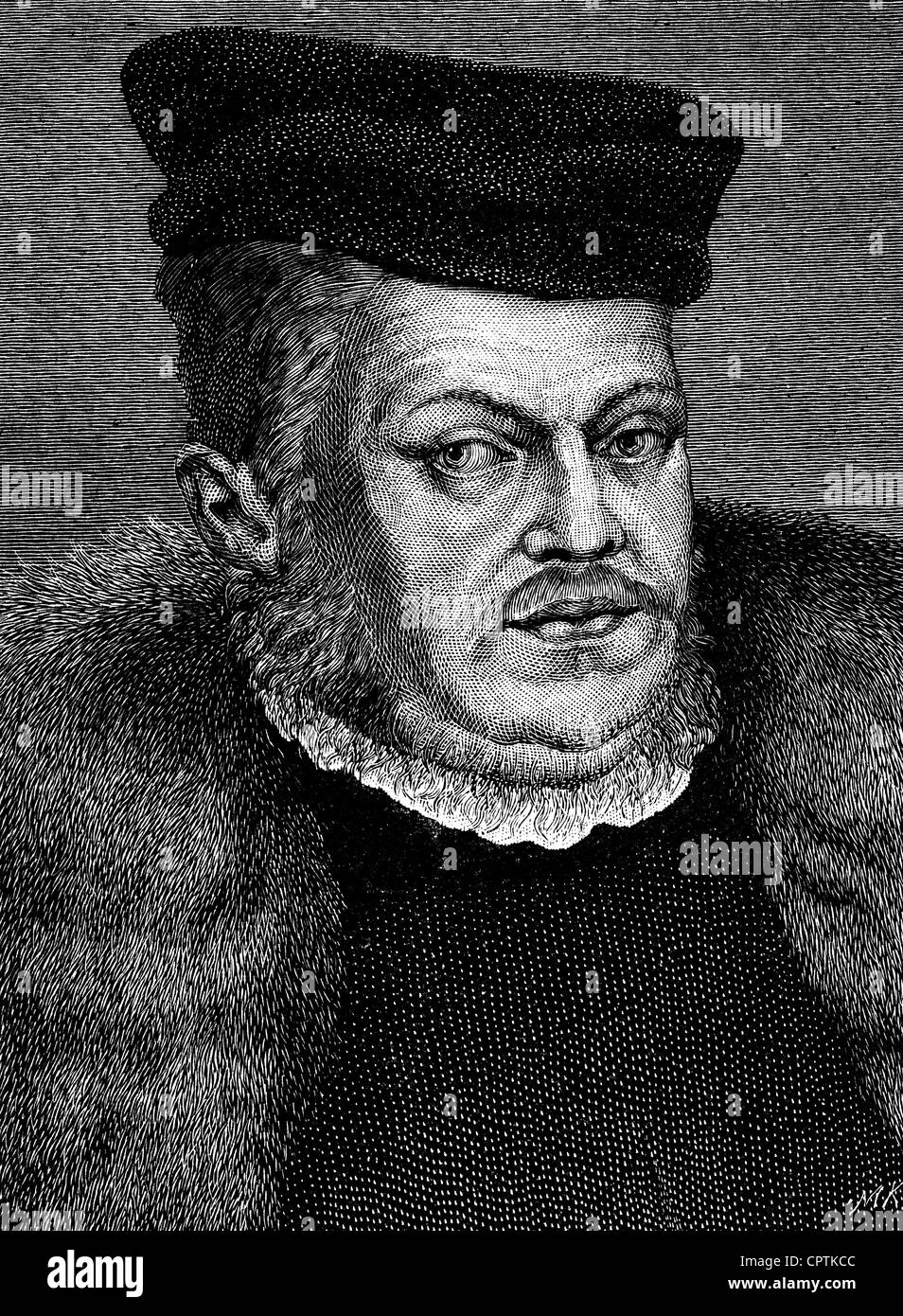 Philipp I. "der Großmütige", 13.11.1504 - 31.3.1567, Landgraf von Hessen 11.7.1509 - 31.3.1567, Porträt, Holzgravur, 19. Jahrhundert, Stockfoto