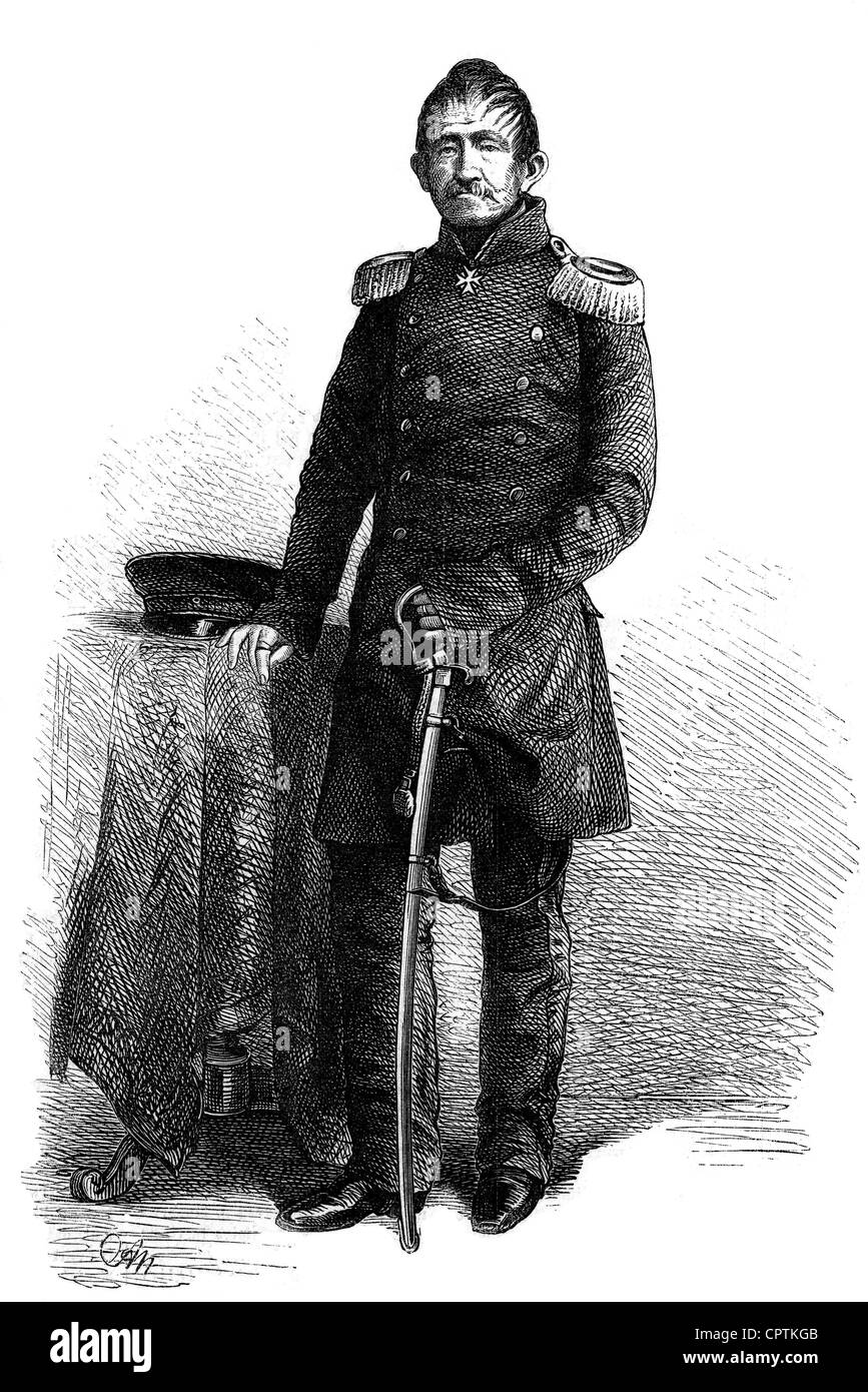 Nostitz, August Ludwig, Graf von, 27.12.797 - 28.5.1866, deutscher General, Adjutantgeneral, volle Länge, in Uniform, Holzgravur von Adolf Neumann, 19. Jahrhundert, Stockfoto