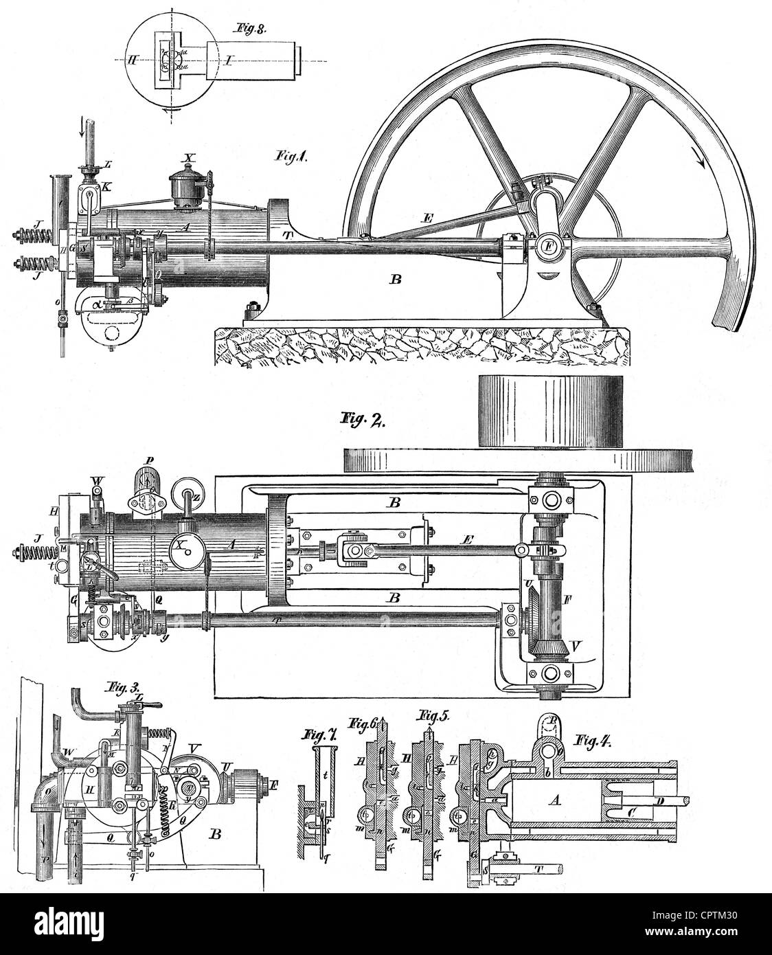 Otto, Nicolaus August, 14.6.1832 - 26.1.1891, deutscher Ingenieur, sein Gasmotor, schematische Darstellung, Holzgravur, 19. Jahrhundert, Stockfoto