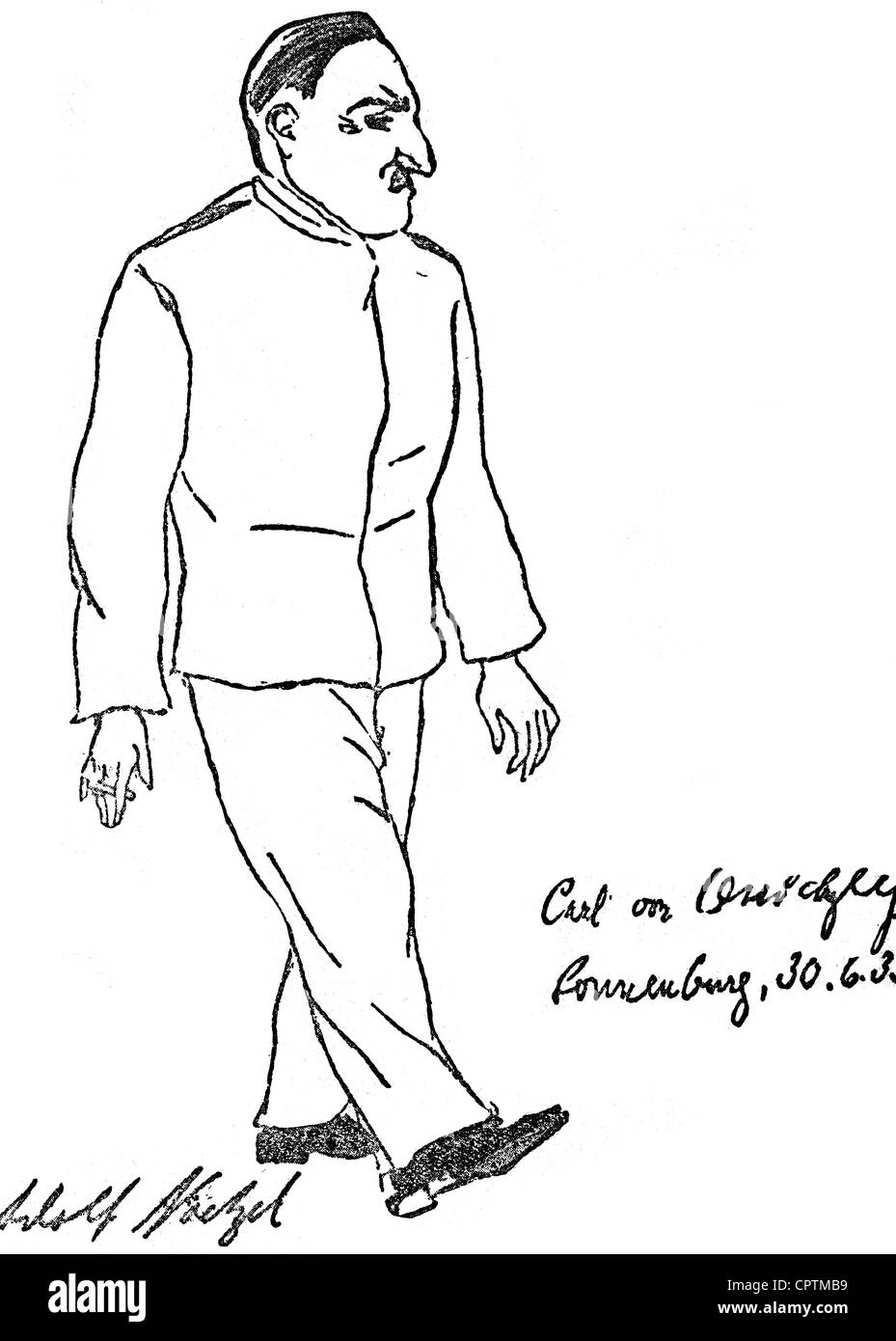 Ossietzky, Carl von, 3.10.1889 - 4.5.1938, deutscher Publizist in voller Länge, im Konzentrationslager Sonnenburg, 1939, Zeichnung von Adolf Noetzel, Stockfoto