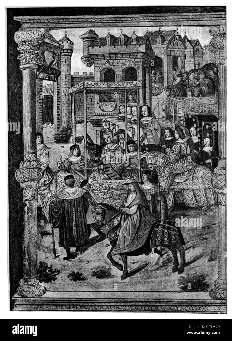 Anne von Brittany, 26.1.1477 - 9.1.1514, Königin von Frankreich 6.12.1491 - 7.4.1498 und 8.1.1499 - 9.1.1514, Krönung, Prozession nach Saint-Denis, Paris, 1491, nach der Miniatur von Andry de la Vigne, ca. 1500, Stockfoto