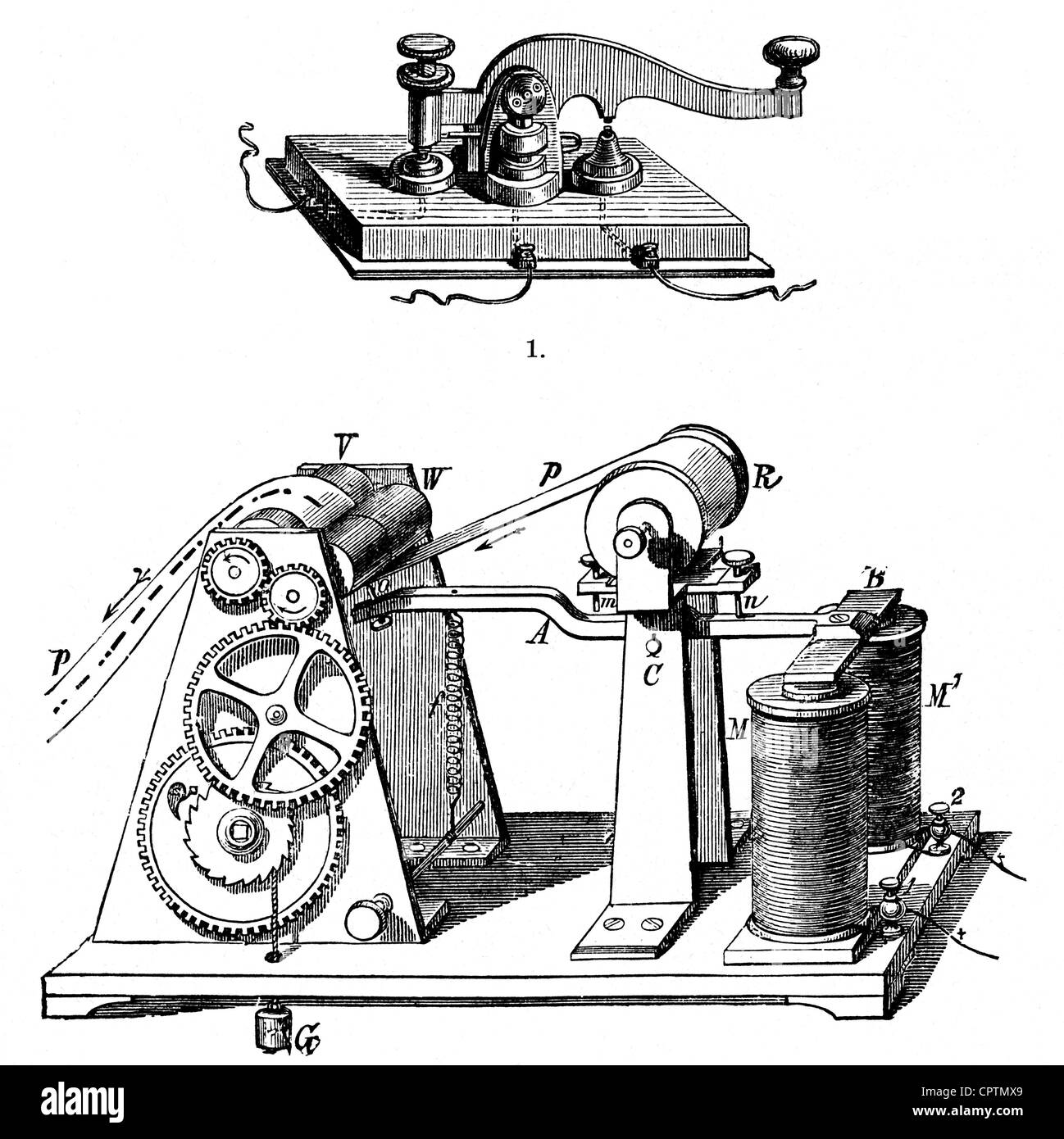 Morse, Samuel, 27.4.1701 - 2.4.1872, amerikanischer Erfinder, 1. Knopf, 2. Schreiber, Holzgravur, Ende des 19. Jahrhunderts, Stockfoto