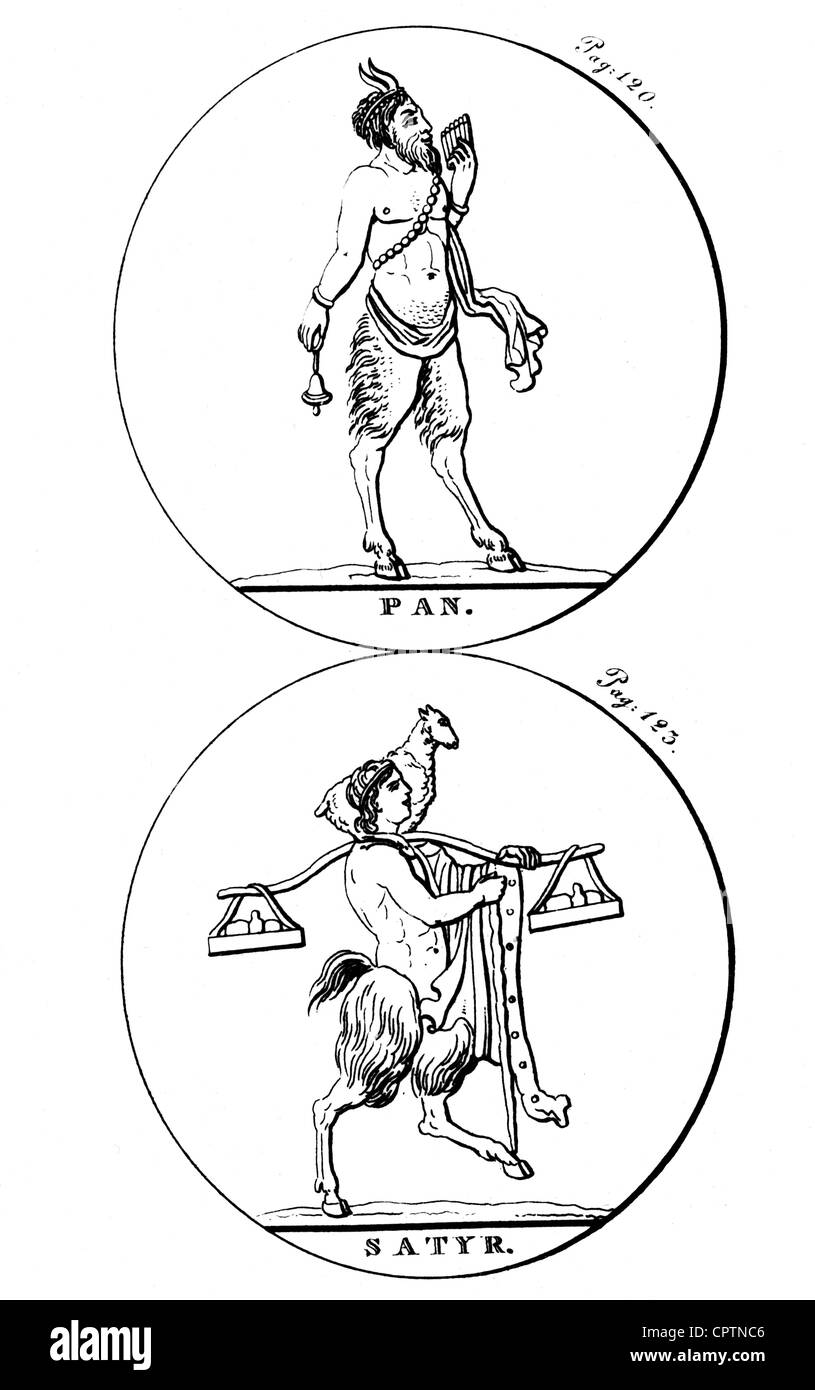 Pfanne, Gottheit der griechischen Natur, volle Länge im Kreis, darunter: Satyr-Gravur, ca. 18. Jahrhundert, Stockfoto
