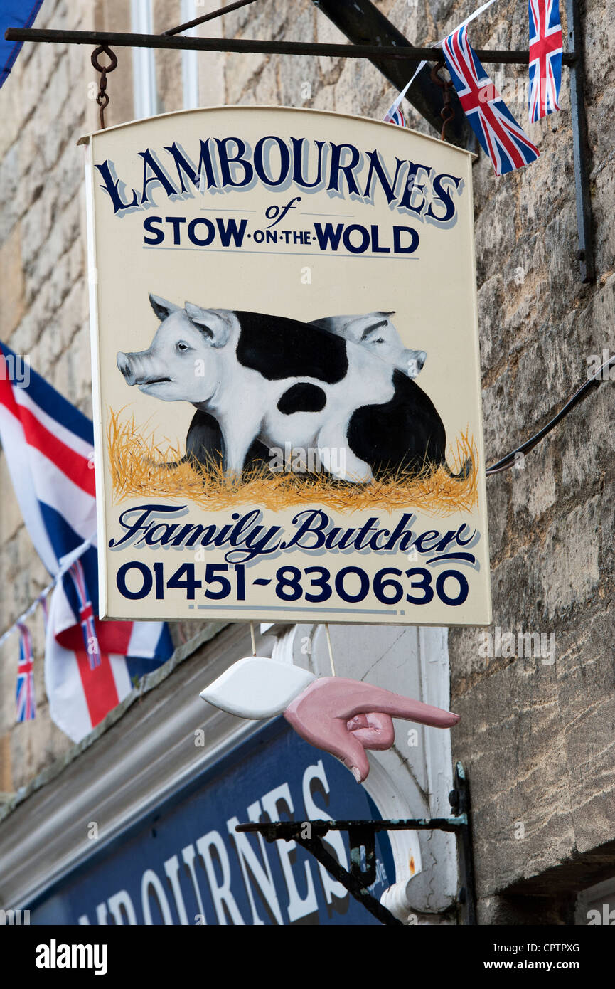 Lambournes Familie Metzger Zeichen, Stow auf die würde, Cotswolds, Gloucestershire, England Stockfoto