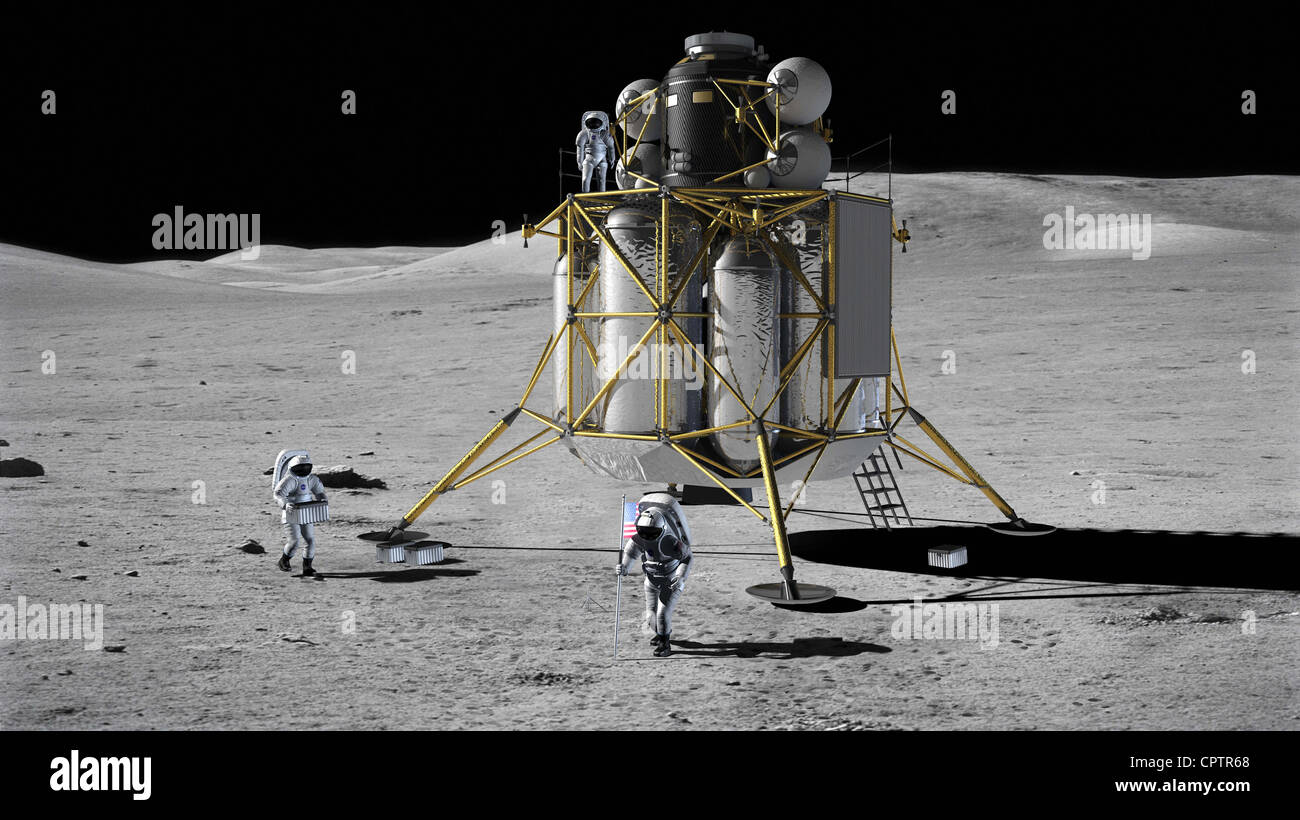 Drei Besatzungsmitglieder arbeiten im Bereich ihrer lunar Lander auf der Mondoberfläche in des Künstlers NASA-rendering Stockfoto