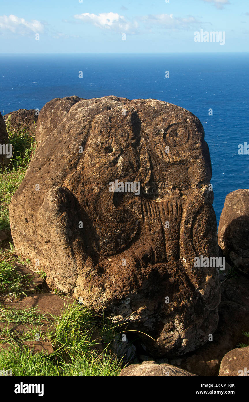 Birdman Petroglyph Orongo Village-Osterinsel Stockfoto