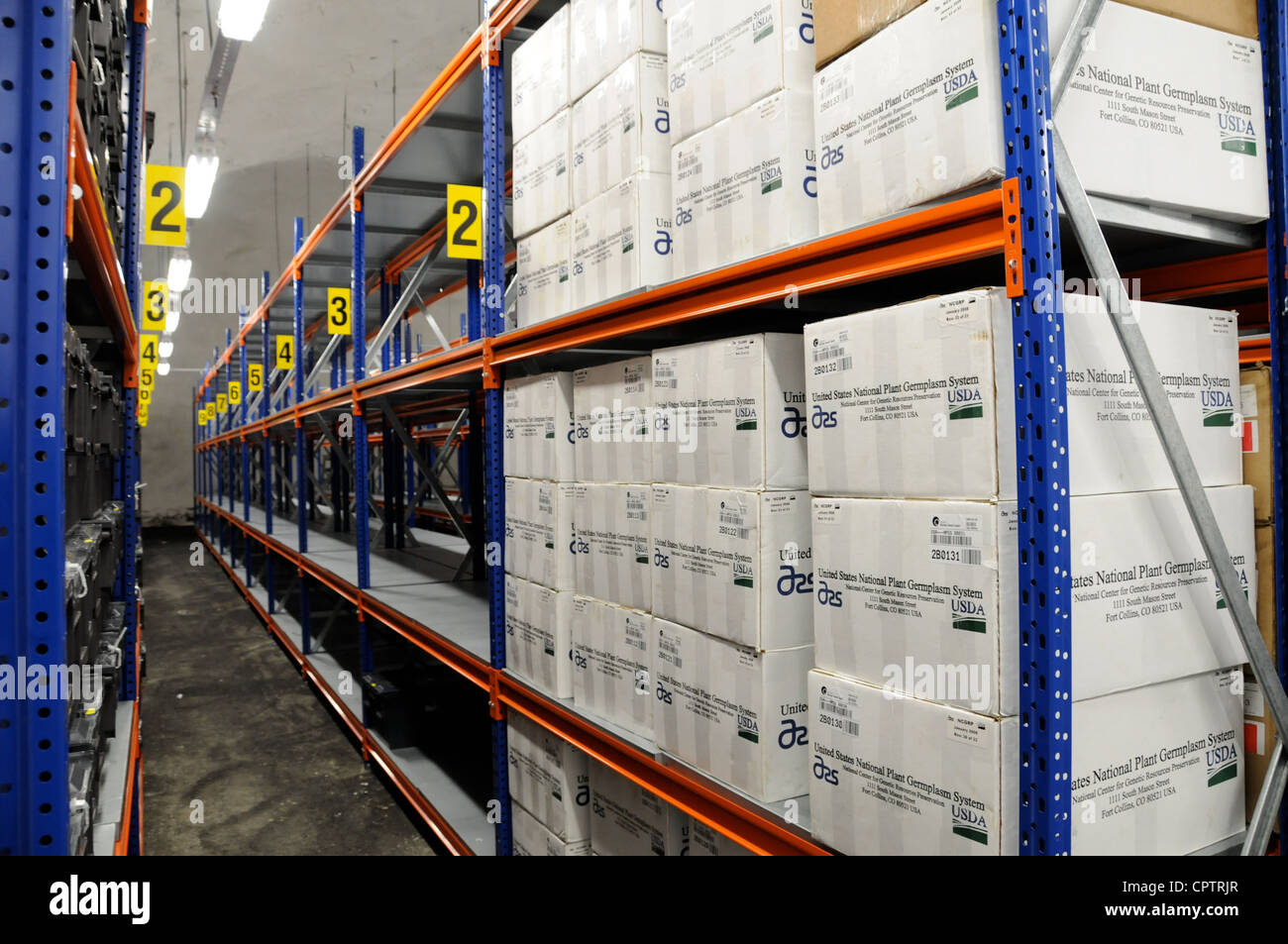 Ein Blick durch einen Gang in einem von den Vorratskammern des Svalbard Global Seed Vault. Stockfoto