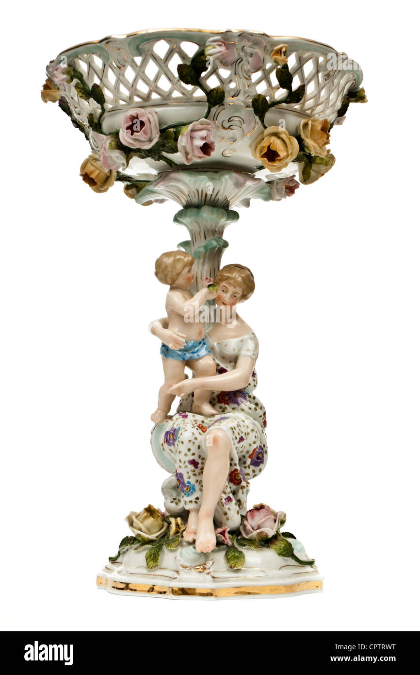Antik Staffordshire Mutter und Mädchen Porzellanfigur mit Korb Schale oben Stockfoto