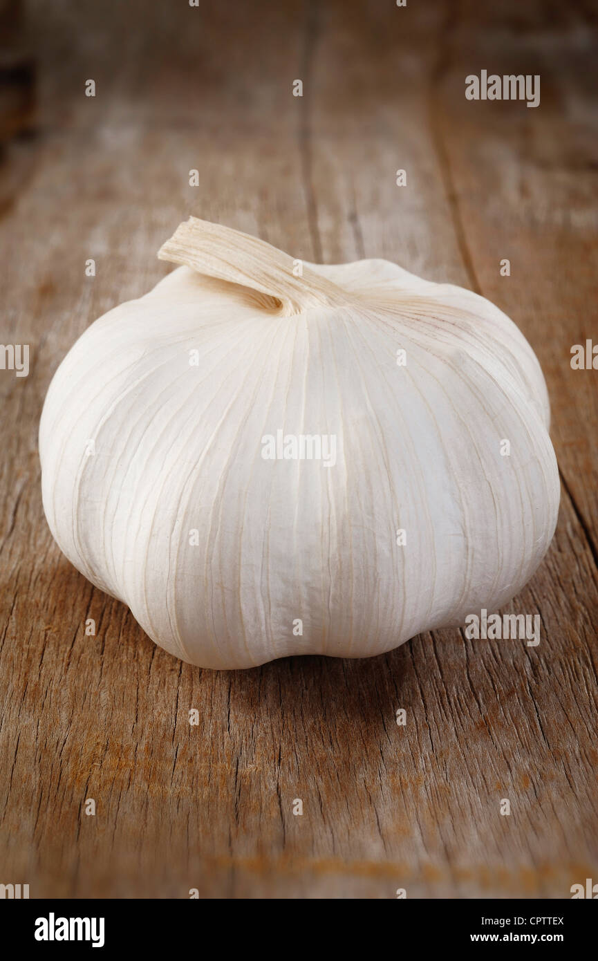 ein Knoblauch auf Holz Hintergrund Stockfoto