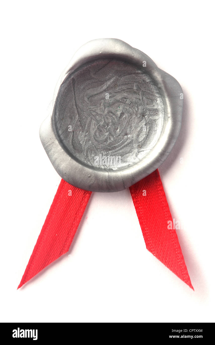Silber Siegel mit rotem Band Stockfoto