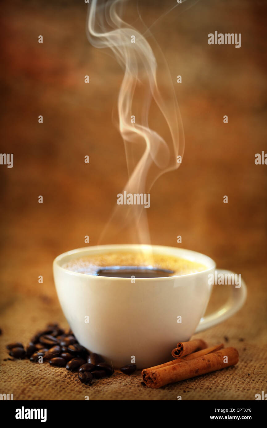 Kaffeetasse mit Kaffeebohnen und Zimt Stockfoto