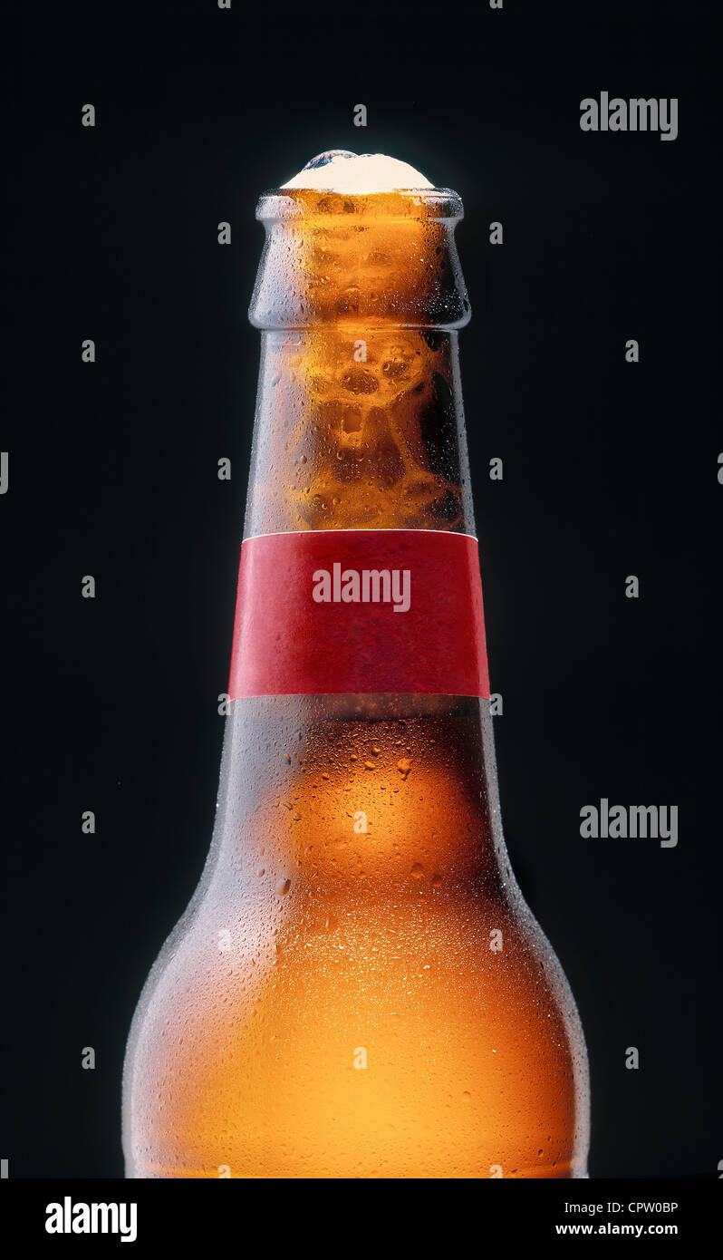 Kaltes Bier mit einem leeren Etikett. Stockfoto