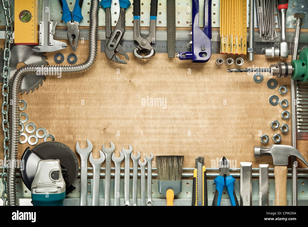 Zimmerei, Bau-Tools. Hauptverbesserung Hintergrund. Stockfoto