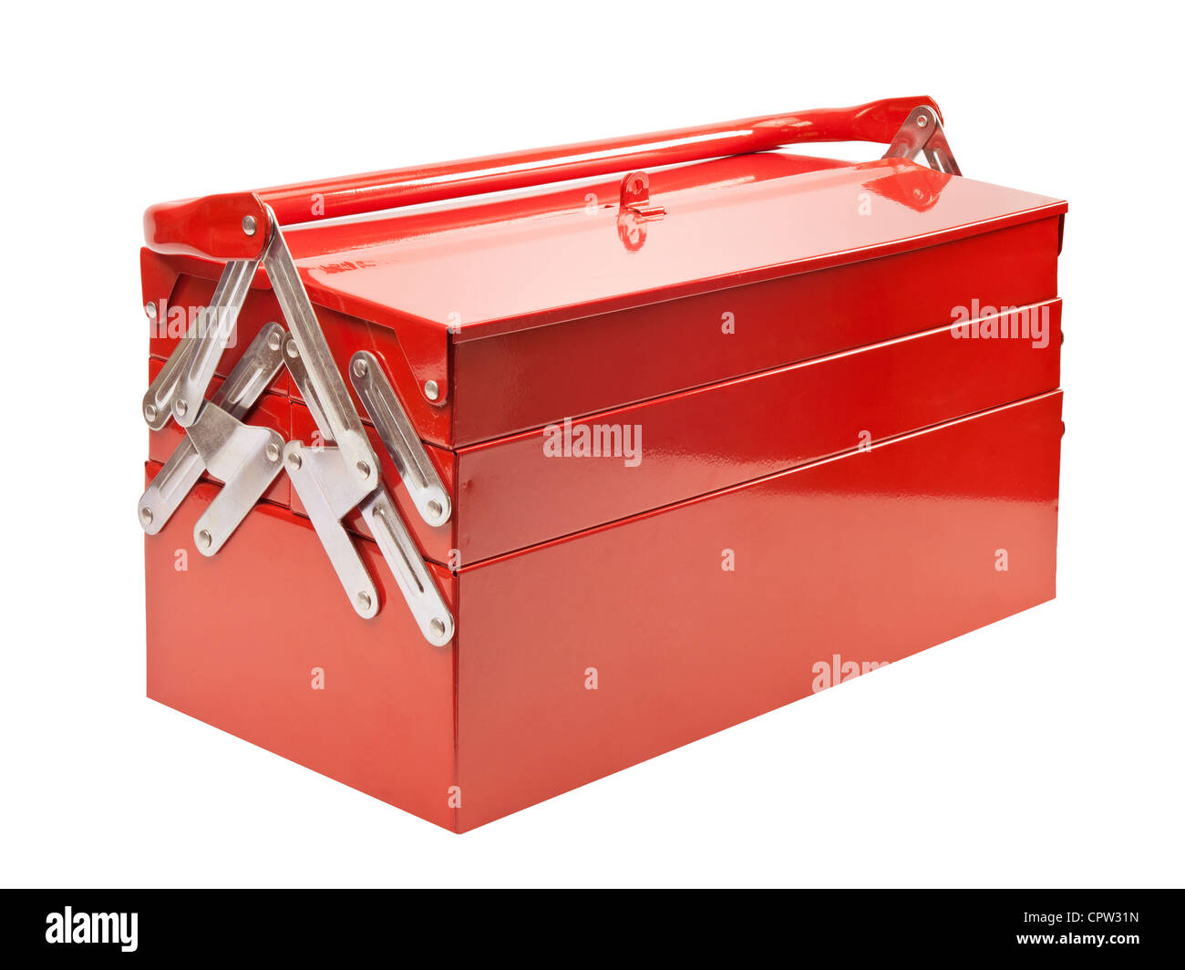 Rot Metall Werkzeugkasten isoliert auf weiss Stockfoto
