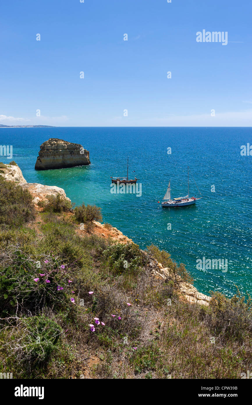 Ausflugsschiffe ab Praia da Marinha Strand in der Nähe von Benagil, an der Küste zwischen Portimão und Albufeira, Algarve, Portugal Stockfoto