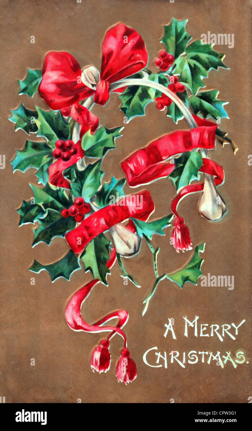 Ein frohes Weihnachtsfest - Vintage Karte mit Holly, Band und Bogen Stockfoto