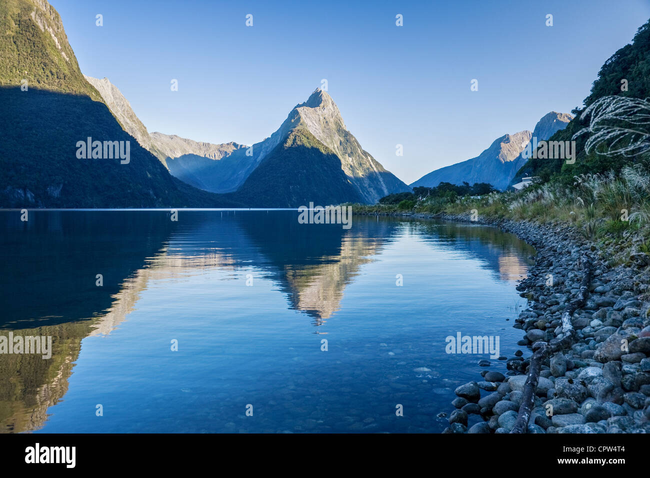 Milford Sound, eine der wichtigsten Touristenattraktionen Neuseelands und weltberühmt für seine natürliche Schönheit. Ein Favorit auf dem Touristenpfad. Stockfoto